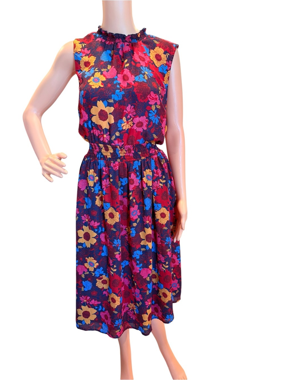Modcloth Floral Midi Dress Sleeveless Burgundy Blue Yellow Size Extra Large XL